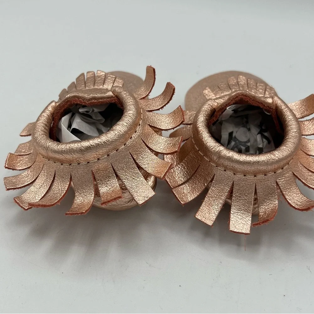 Freshly Picked Baby Moccasins Rose Gold Metallic Fringe Leather Toddler Sz 3 EUC